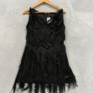 Jerry Beck Charades Black Sequin Flapper Dress Small Fringe Gatsby Costume 90s